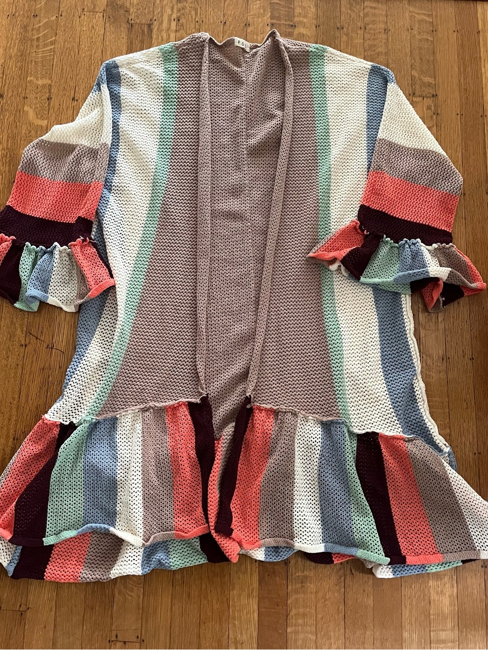 POL Multicolor Striped Ruffle Open Cardigan ~ Duster - Picture 3 of 11